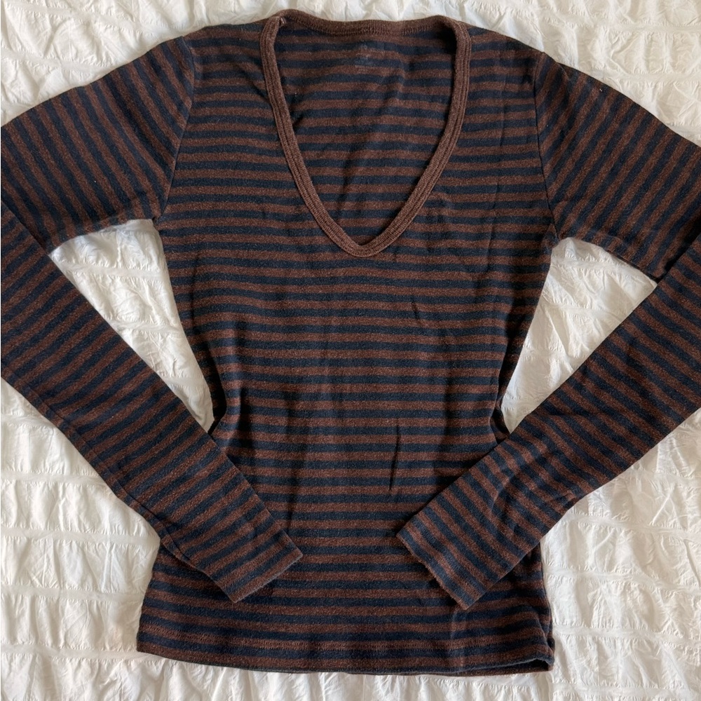 Brandy Melville V-Neck Long Sleeve Striped Blue-Black & Brown Top